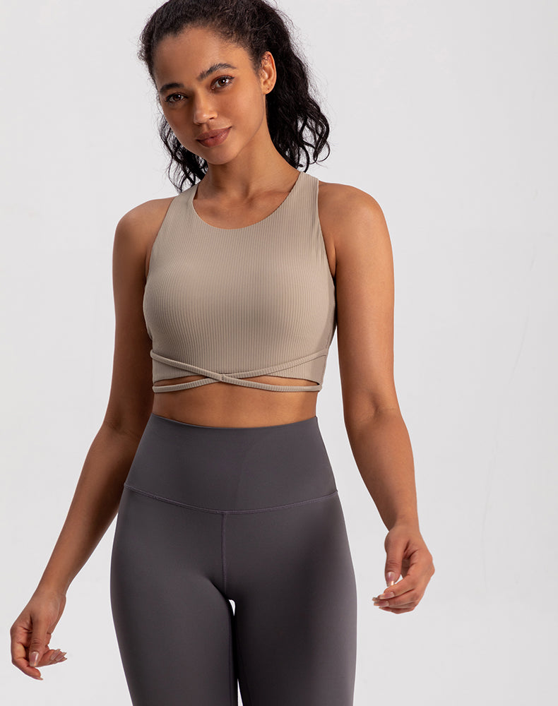 Front X-Cross Striped Fabric Yoga Bra