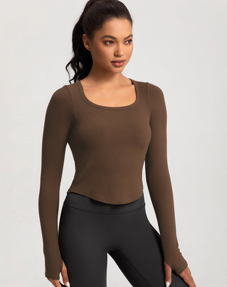 Wide Neck Ribbed Long Sleeve Yoga Top