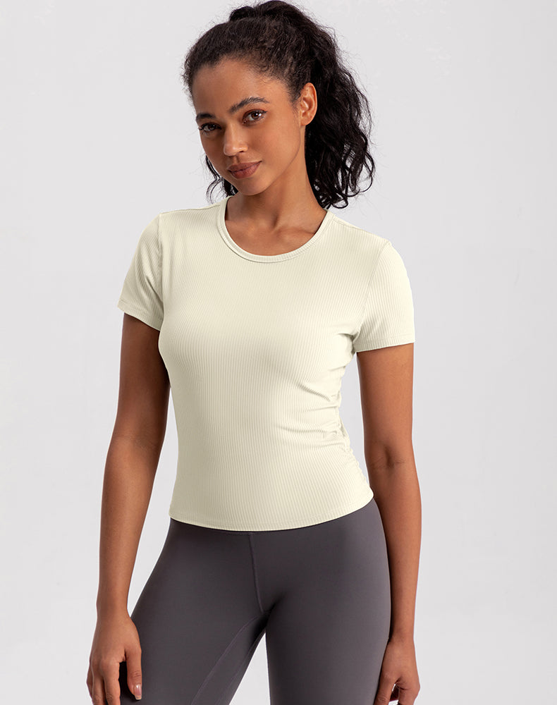 Side Pleated Ribbed Short Sleeve Yoga Top