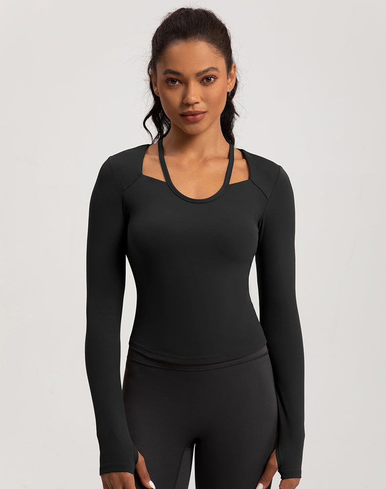 Neck Double Strap Long Sleeve Yoga Top