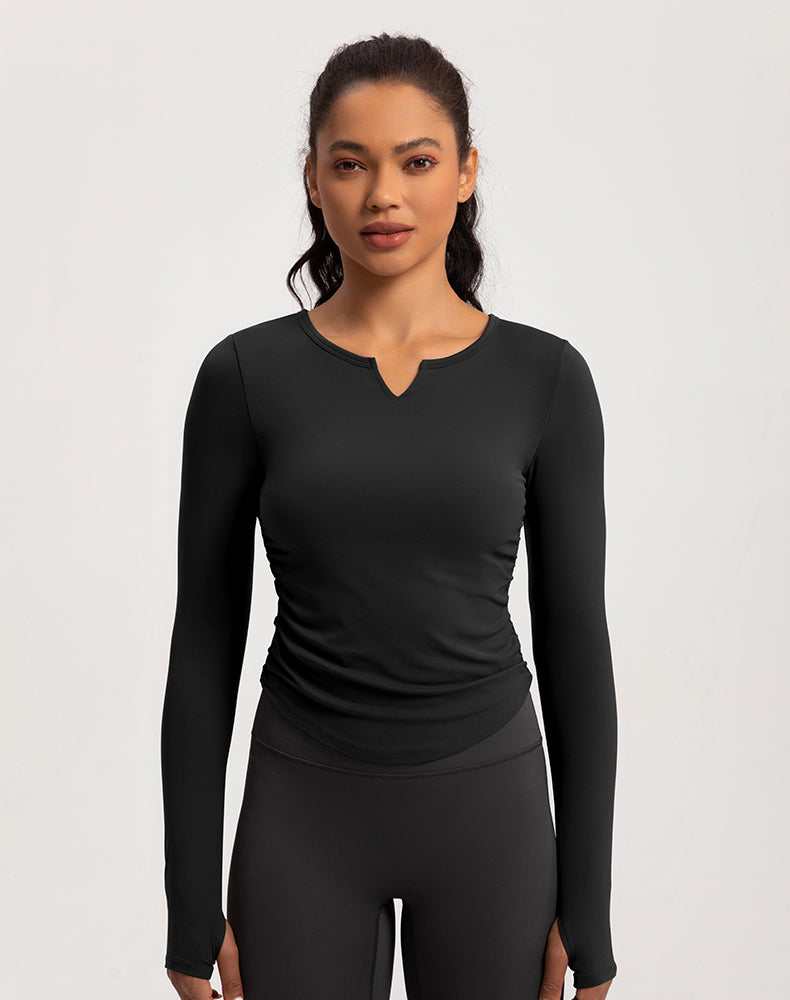 V-Neck Sides Pleated Long Sleeve Yoga Top