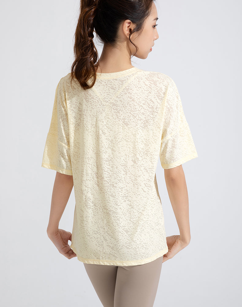 Front Slit Jacquard Short Sleeve Yoga Top