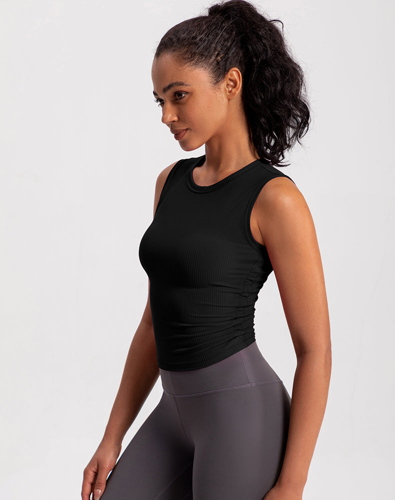 Ribbed Fabric Pleated Sides Yoga Tank