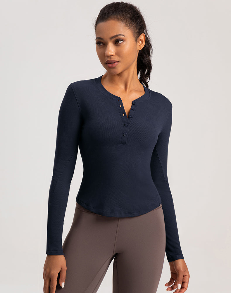 Button V-Neck Round Hem Long Sleeve Yoga Top