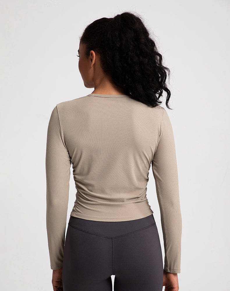 Sides Pleated Ribbed Long Sleeve Yoga Top