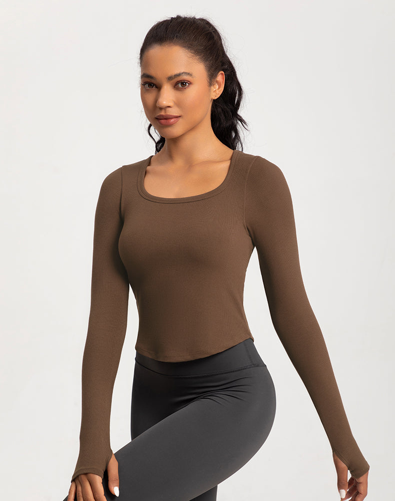 Wide Neck Ribbed Long Sleeve Yoga Top