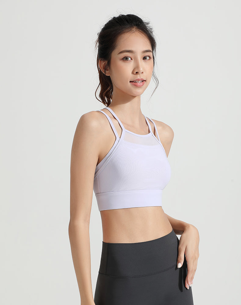 Mesh Faux Two-piece Strappy Yoga Bra