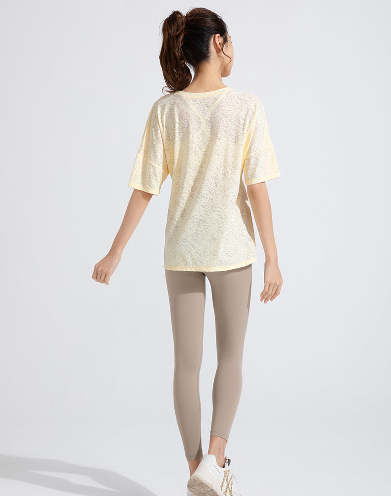 Front Slit Jacquard Short Sleeve Yoga Top