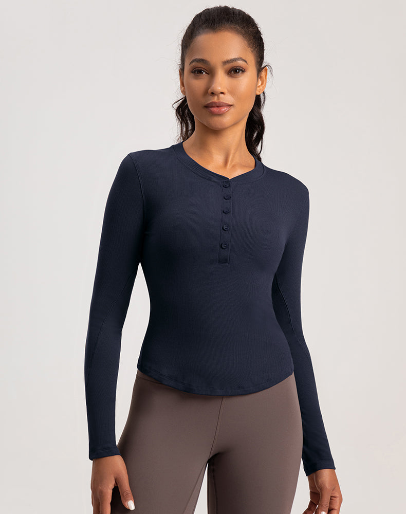 Button V-Neck Round Hem Long Sleeve Yoga Top