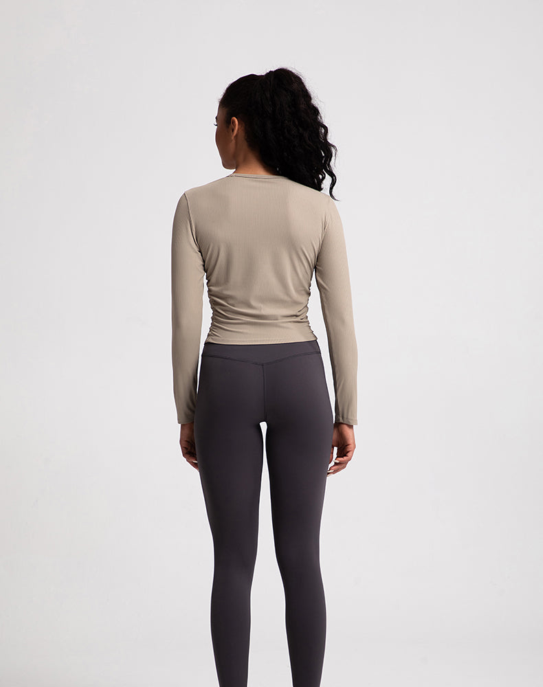 Sides Pleated Ribbed Long Sleeve Yoga Top