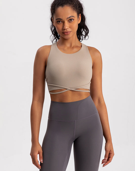 Front X-Cross Striped Fabric Yoga Bra