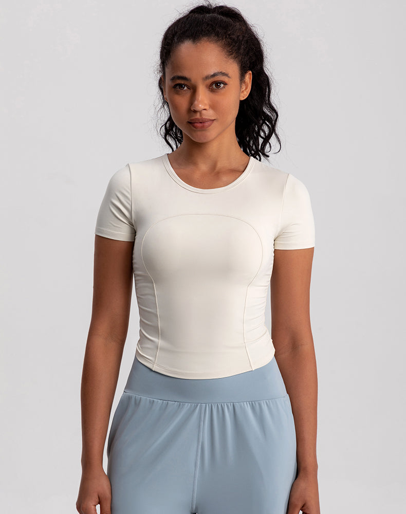 Small Crew Neck Built-in Bra Short Sleeve Yoga Top