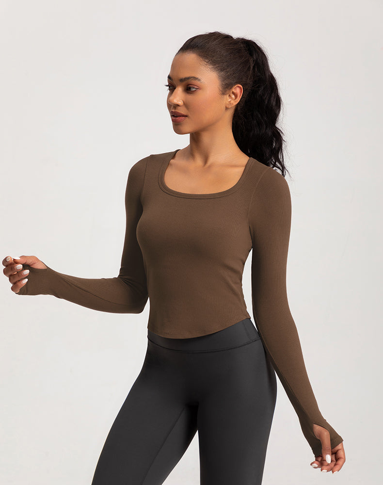 Wide Neck Ribbed Long Sleeve Yoga Top