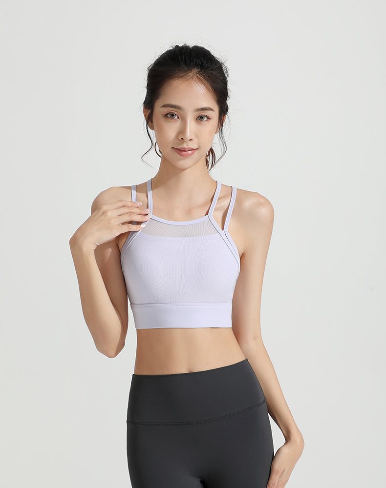 Mesh Faux Two-piece Strappy Yoga Bra