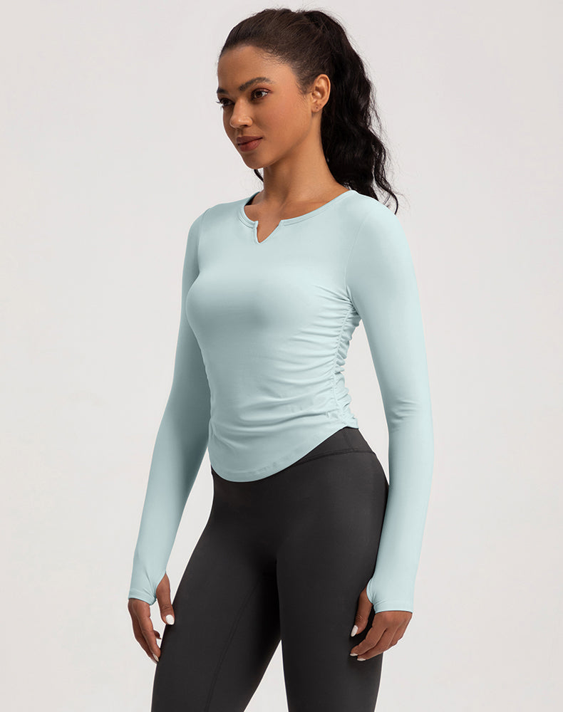 V-Neck Sides Pleated Long Sleeve Yoga Top