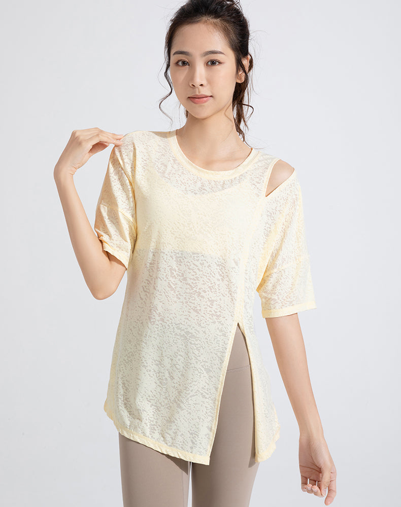 Front Slit Jacquard Short Sleeve Yoga Top