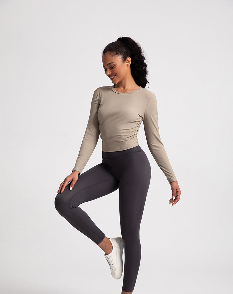 Sides Pleated Ribbed Long Sleeve Yoga Top