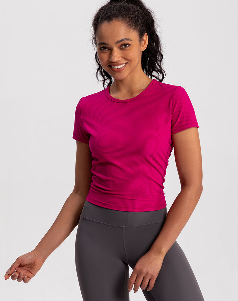 Side Pleated Ribbed Short Sleeve Yoga Top