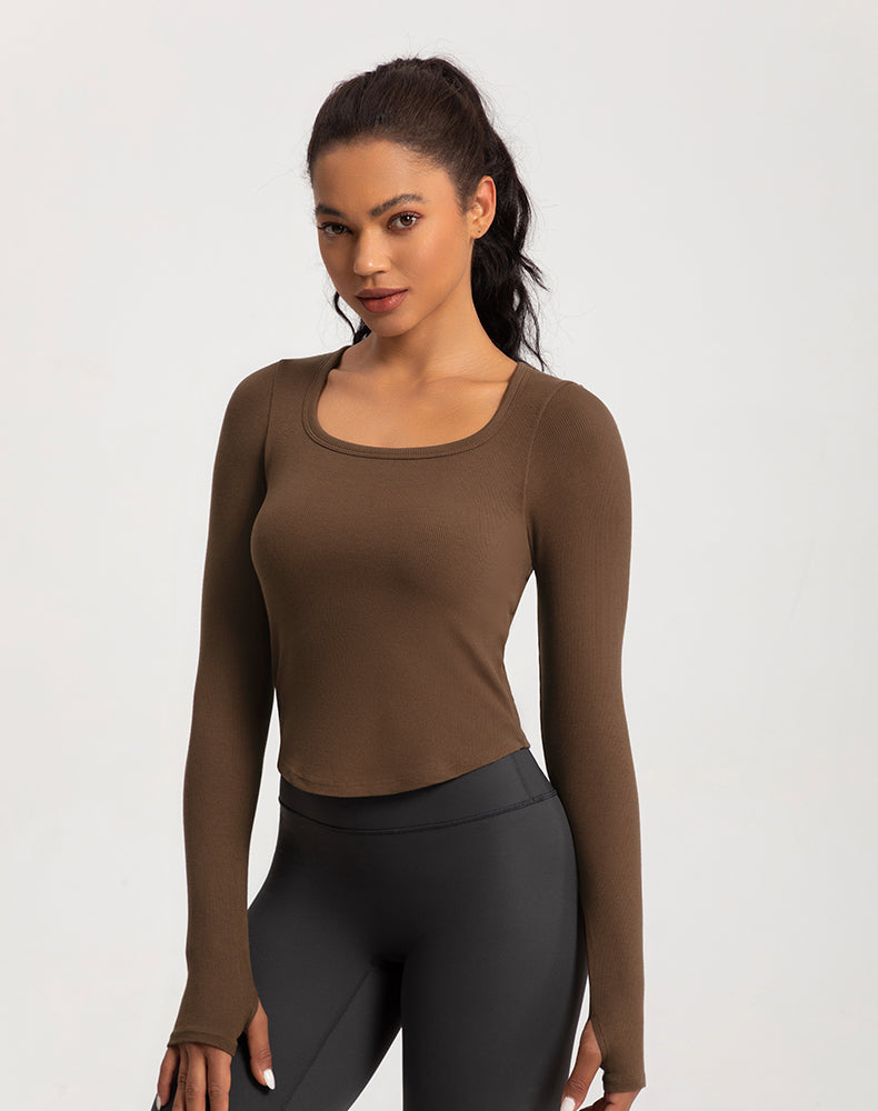 Wide Neck Ribbed Long Sleeve Yoga Top