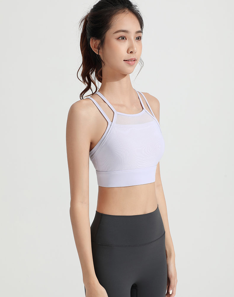 Mesh Faux Two-piece Strappy Yoga Bra