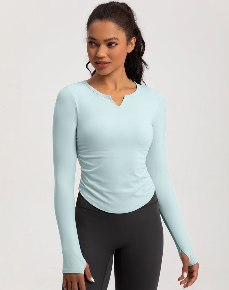 V-Neck Sides Pleated Long Sleeve Yoga Top