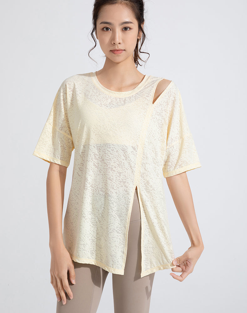 Front Slit Jacquard Short Sleeve Yoga Top