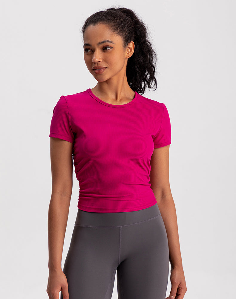 Side Pleated Ribbed Short Sleeve Yoga Top