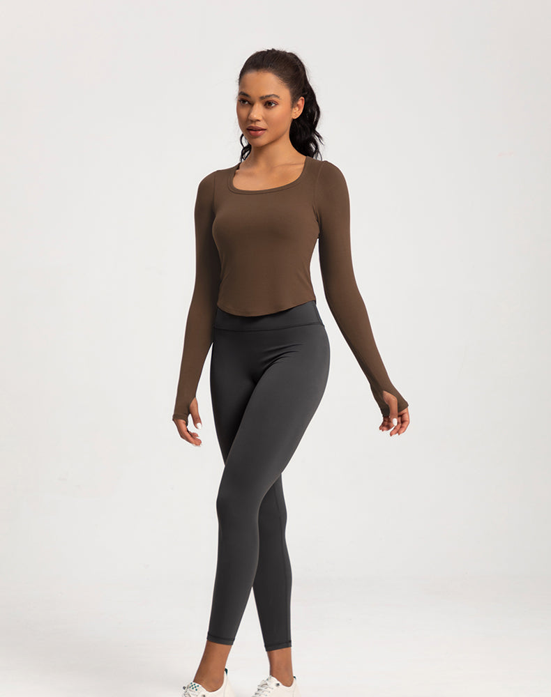 Wide Neck Ribbed Long Sleeve Yoga Top