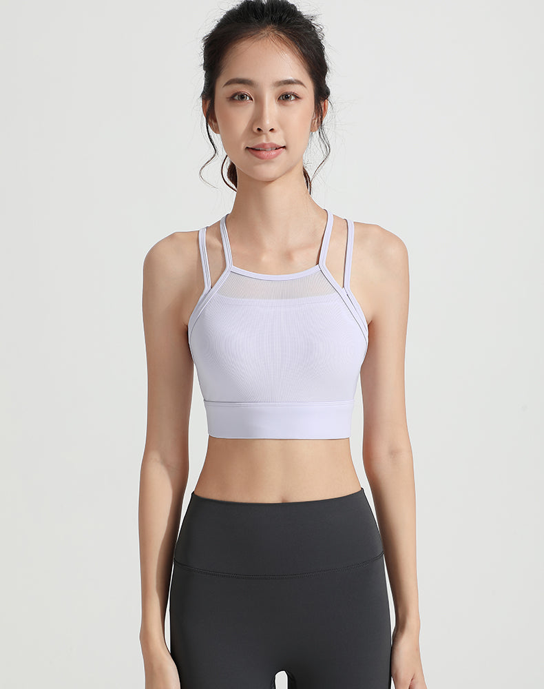 Mesh Faux Two-piece Strappy Yoga Bra