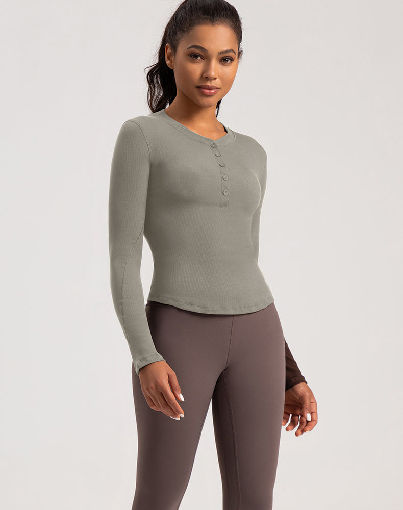 Button V-Neck Round Hem Long Sleeve Yoga Top