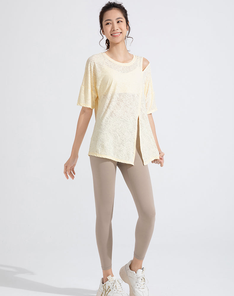 Front Slit Jacquard Short Sleeve Yoga Top