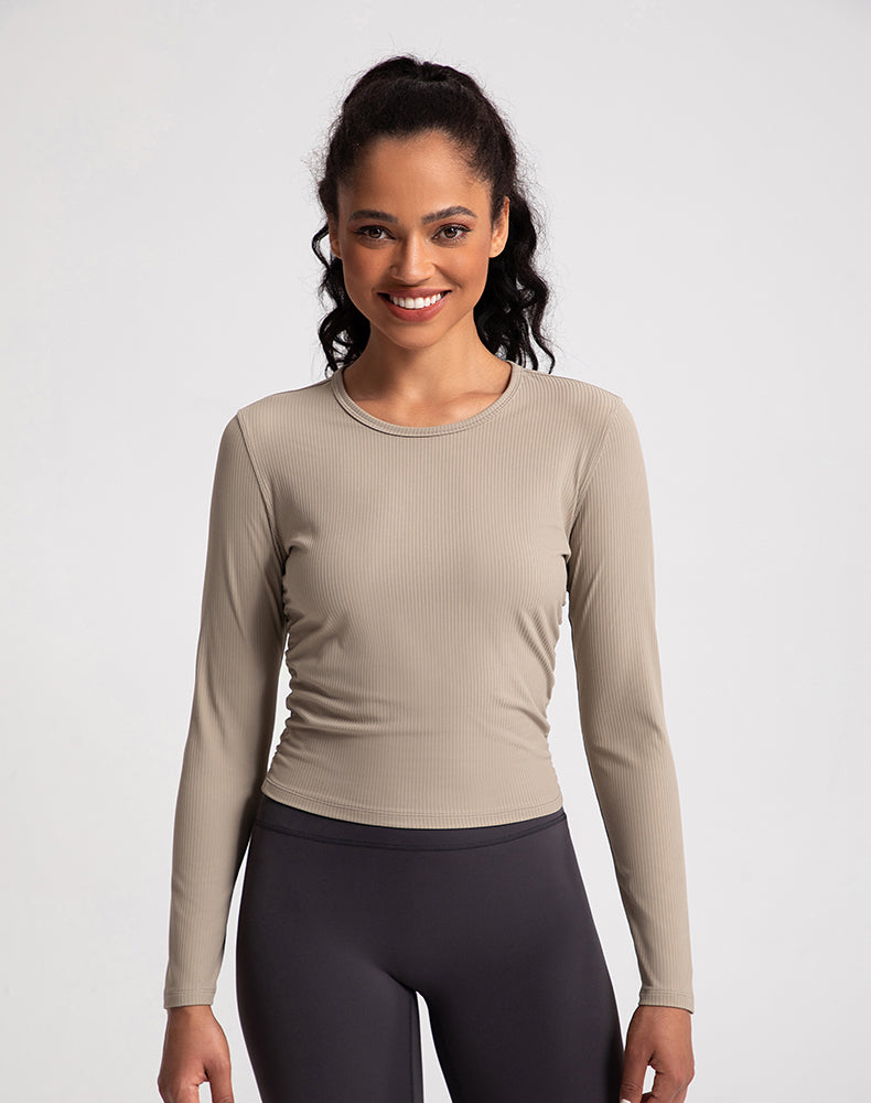 Sides Pleated Ribbed Long Sleeve Yoga Top