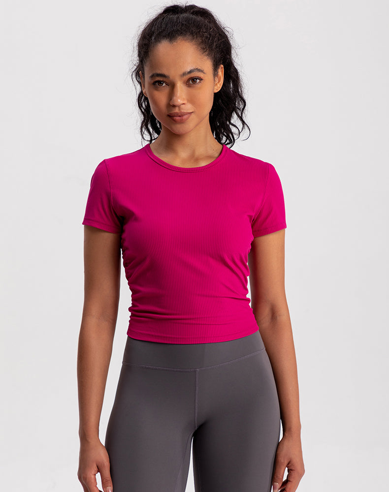 Side Pleated Ribbed Short Sleeve Yoga Top