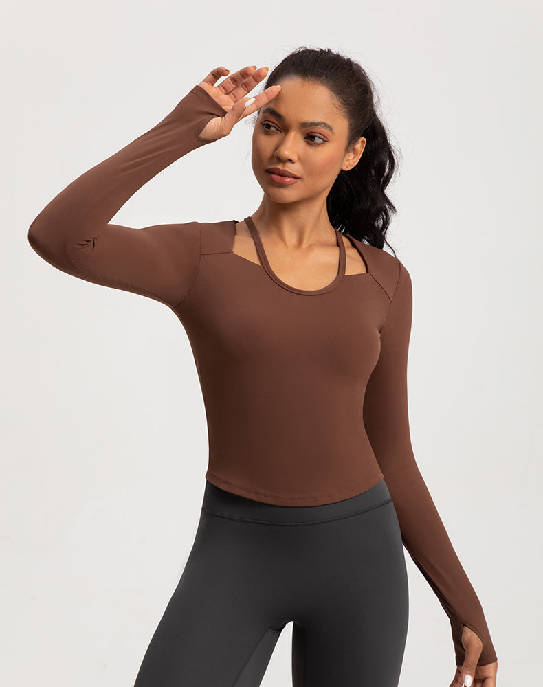 Neck Double Strap Long Sleeve Yoga Top