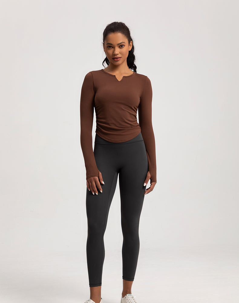 V-Neck Sides Pleated Long Sleeve Yoga Top