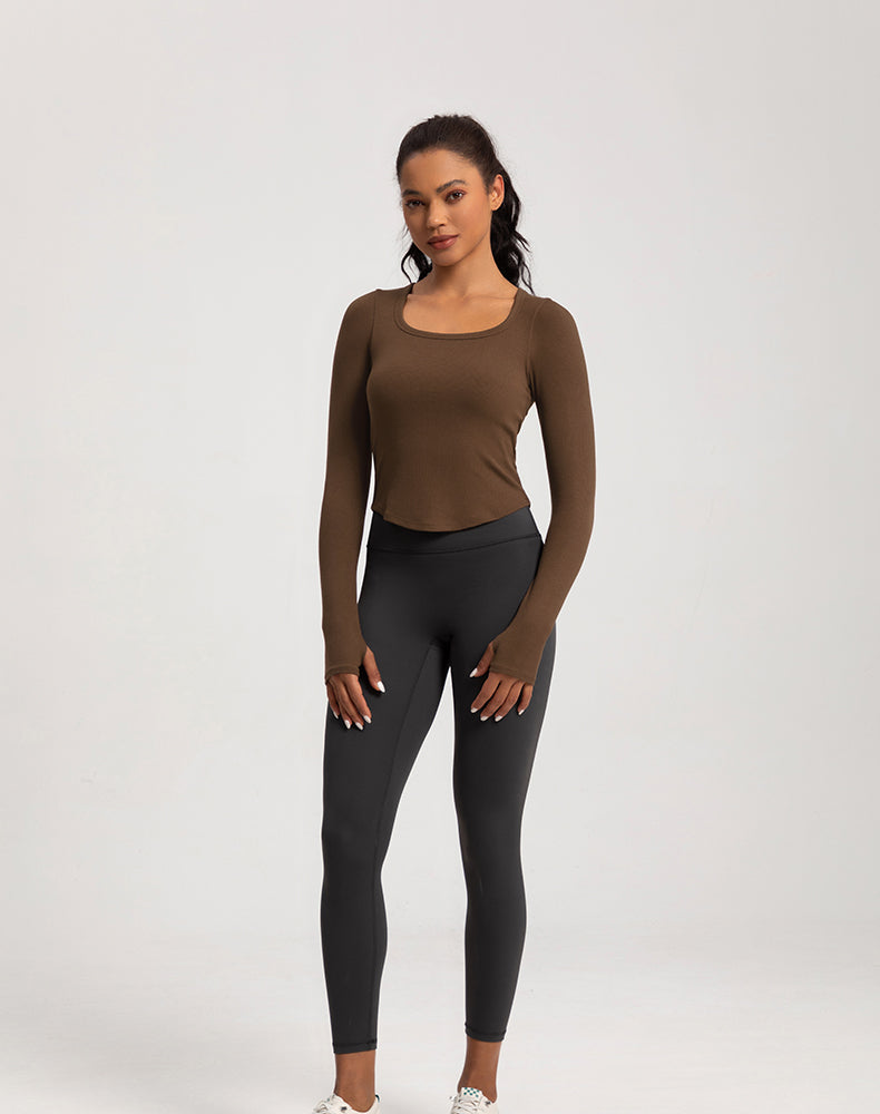 Wide Neck Ribbed Long Sleeve Yoga Top