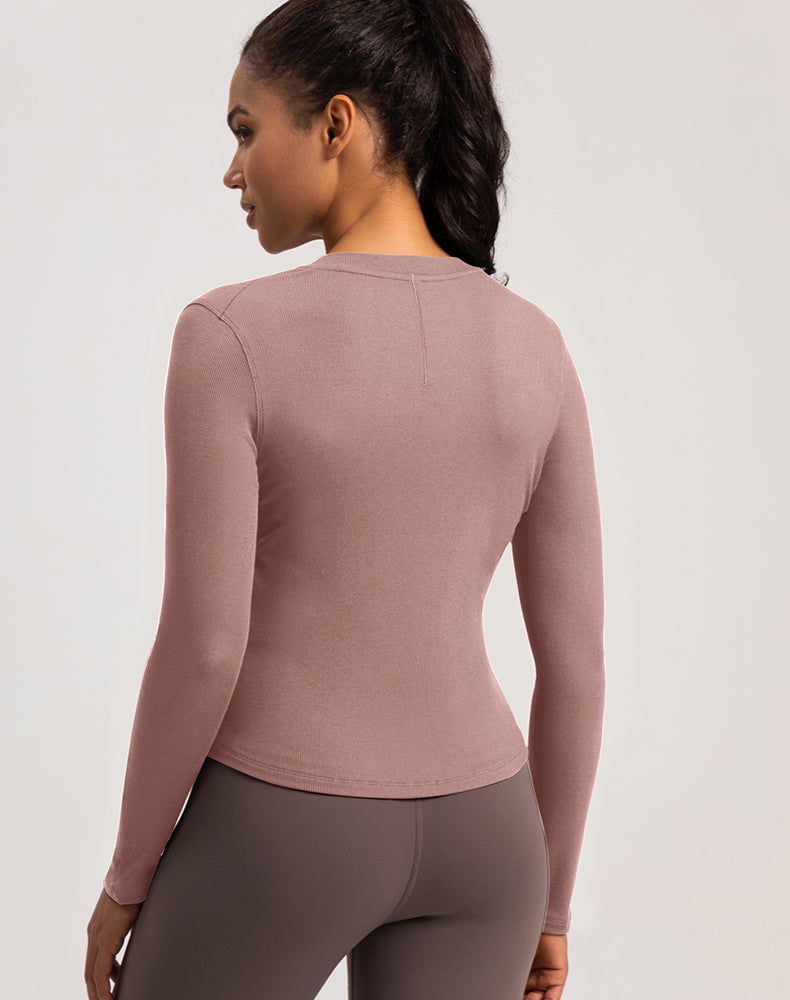 Button V-Neck Round Hem Long Sleeve Yoga Top