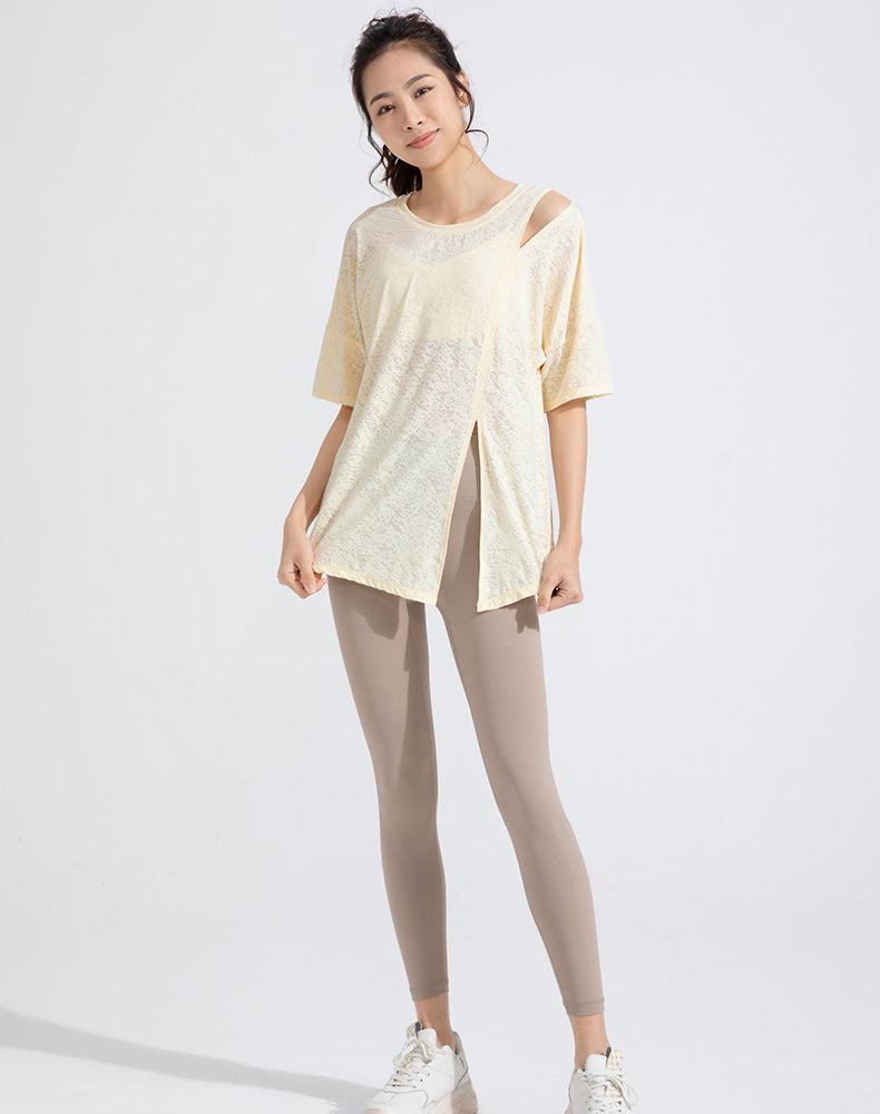 Front Slit Jacquard Short Sleeve Yoga Top