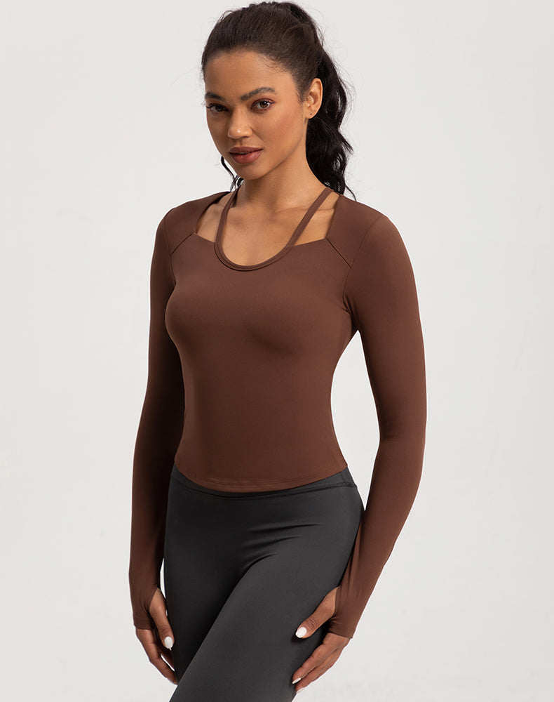 Neck Double Strap Long Sleeve Yoga Top