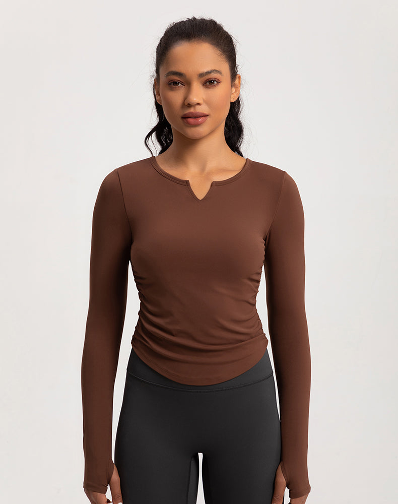 V-Neck Sides Pleated Long Sleeve Yoga Top