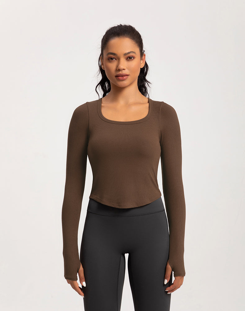 Wide Neck Ribbed Long Sleeve Yoga Top