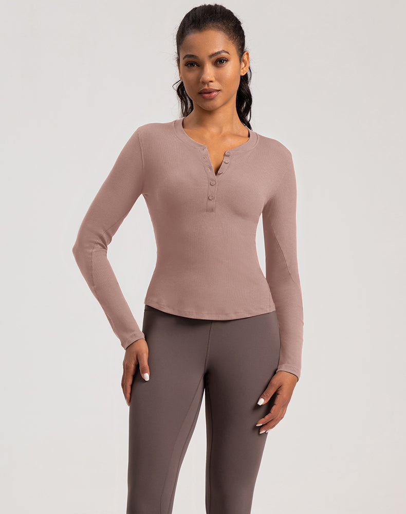 Button V-Neck Round Hem Long Sleeve Yoga Top