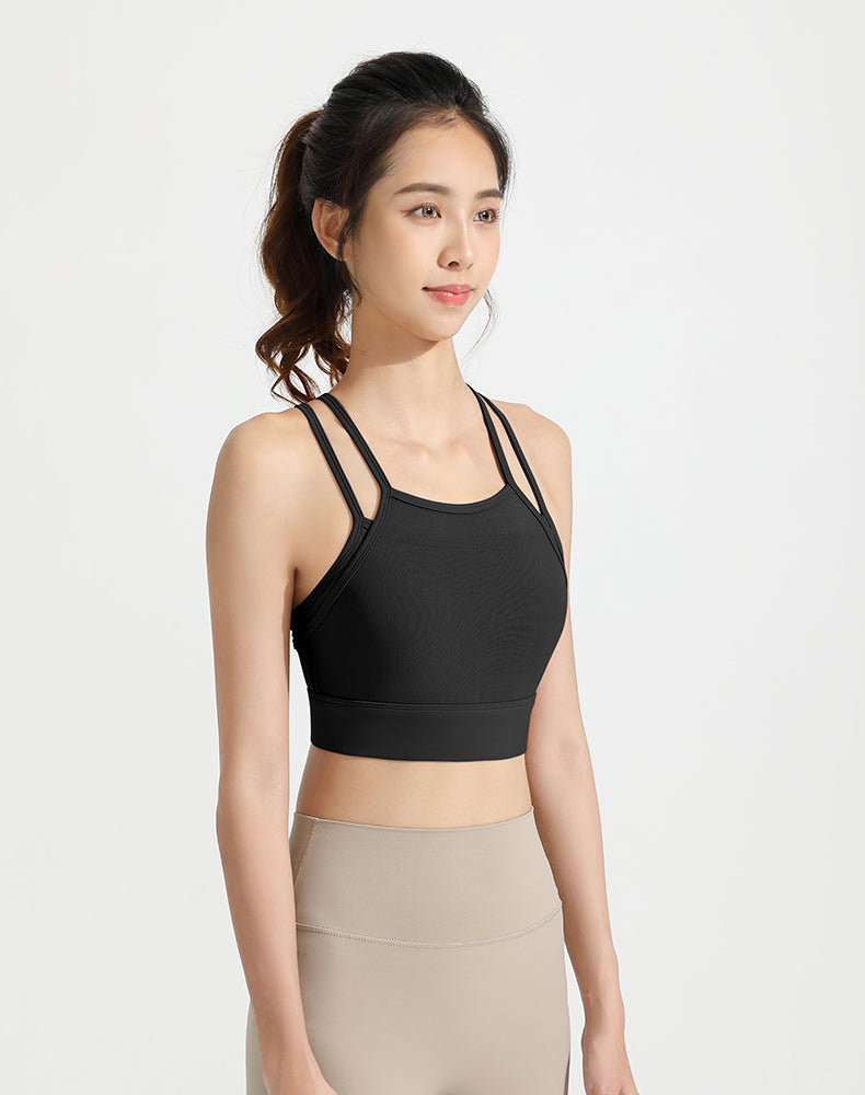 Mesh Faux Two-piece Strappy Yoga Bra