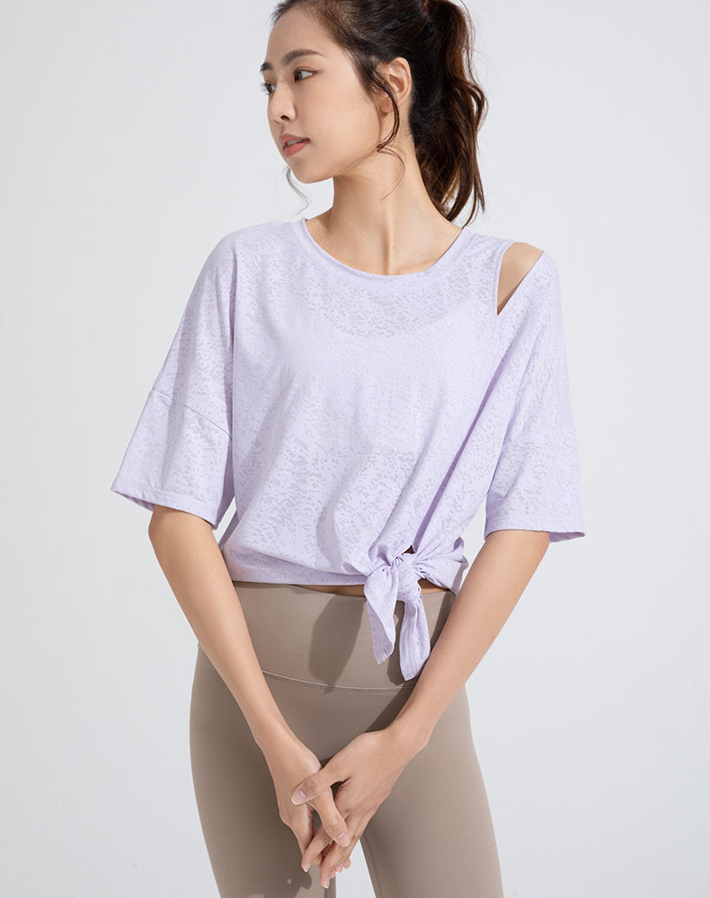 Front Slit Jacquard Short Sleeve Yoga Top