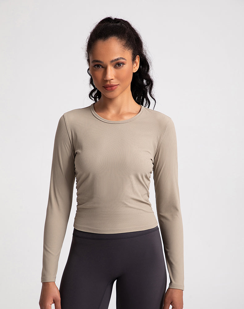 Sides Pleated Ribbed Long Sleeve Yoga Top