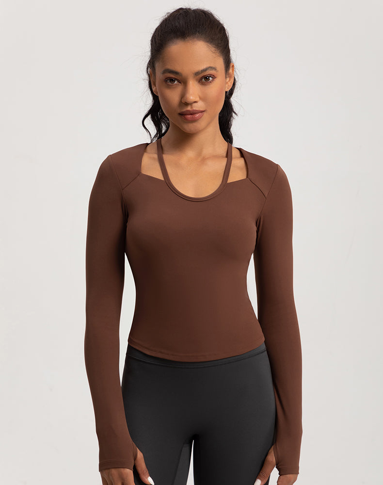 Neck Double Strap Long Sleeve Yoga Top