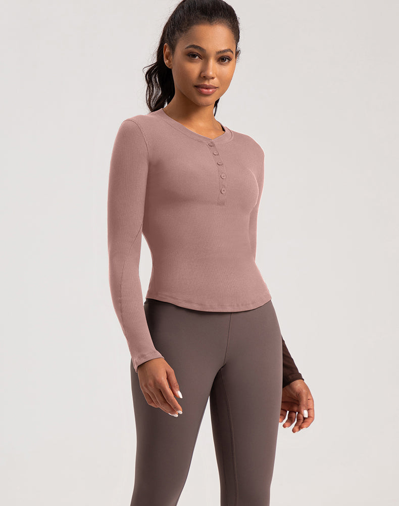 Button V-Neck Round Hem Long Sleeve Yoga Top