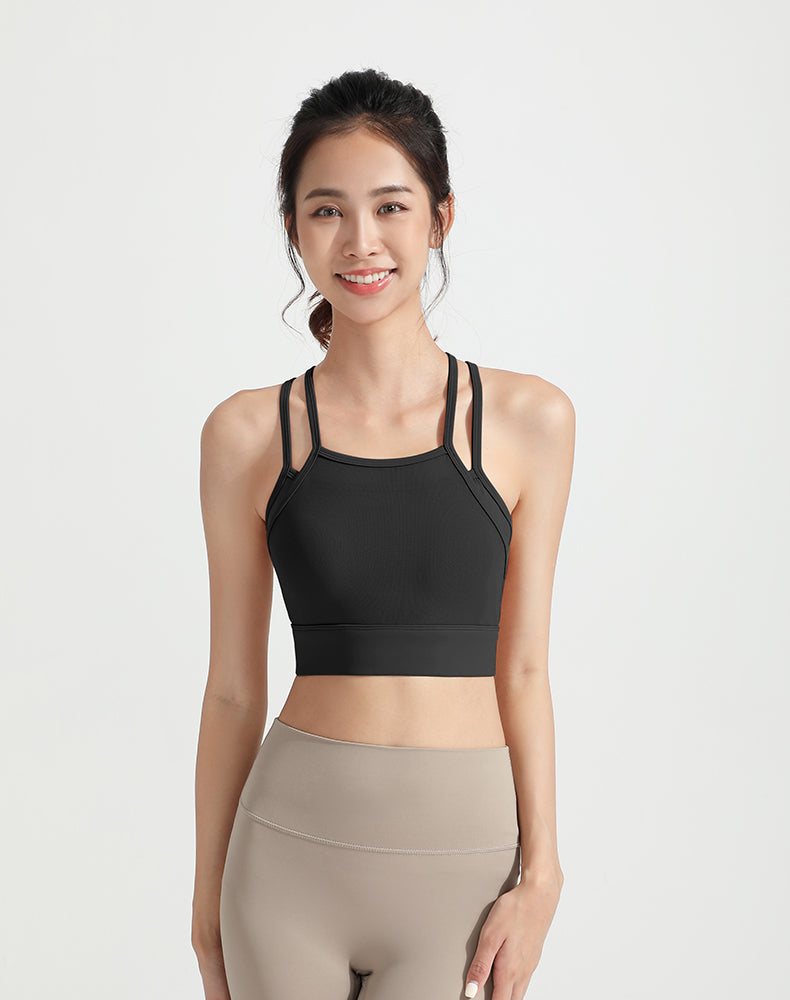 Mesh Faux Two-piece Strappy Yoga Bra