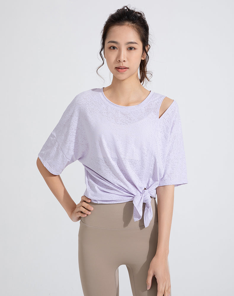 Front Slit Jacquard Short Sleeve Yoga Top