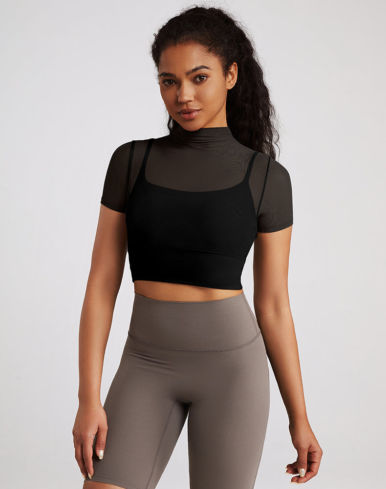 Built-in Bra Mesh Short Sleeve Yoga Top